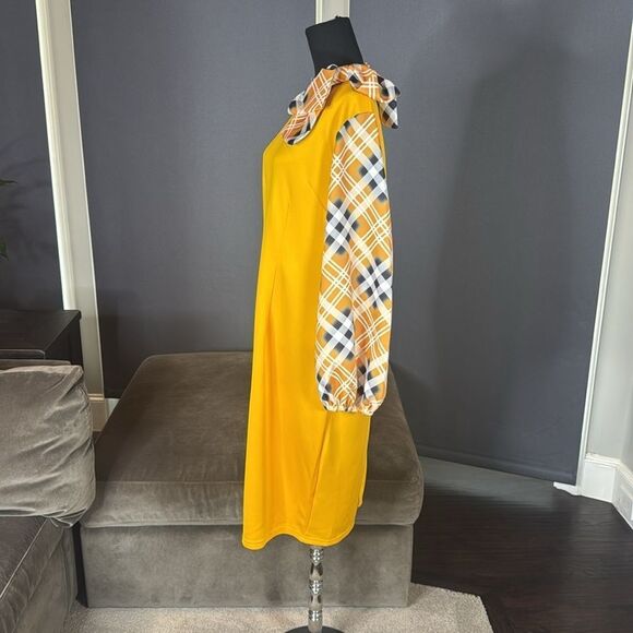 Women’s Yellow Midi Dress Mock Neck Plaid Long Sleeves and Bow Detail Size 2XL - Picture 5 of 16